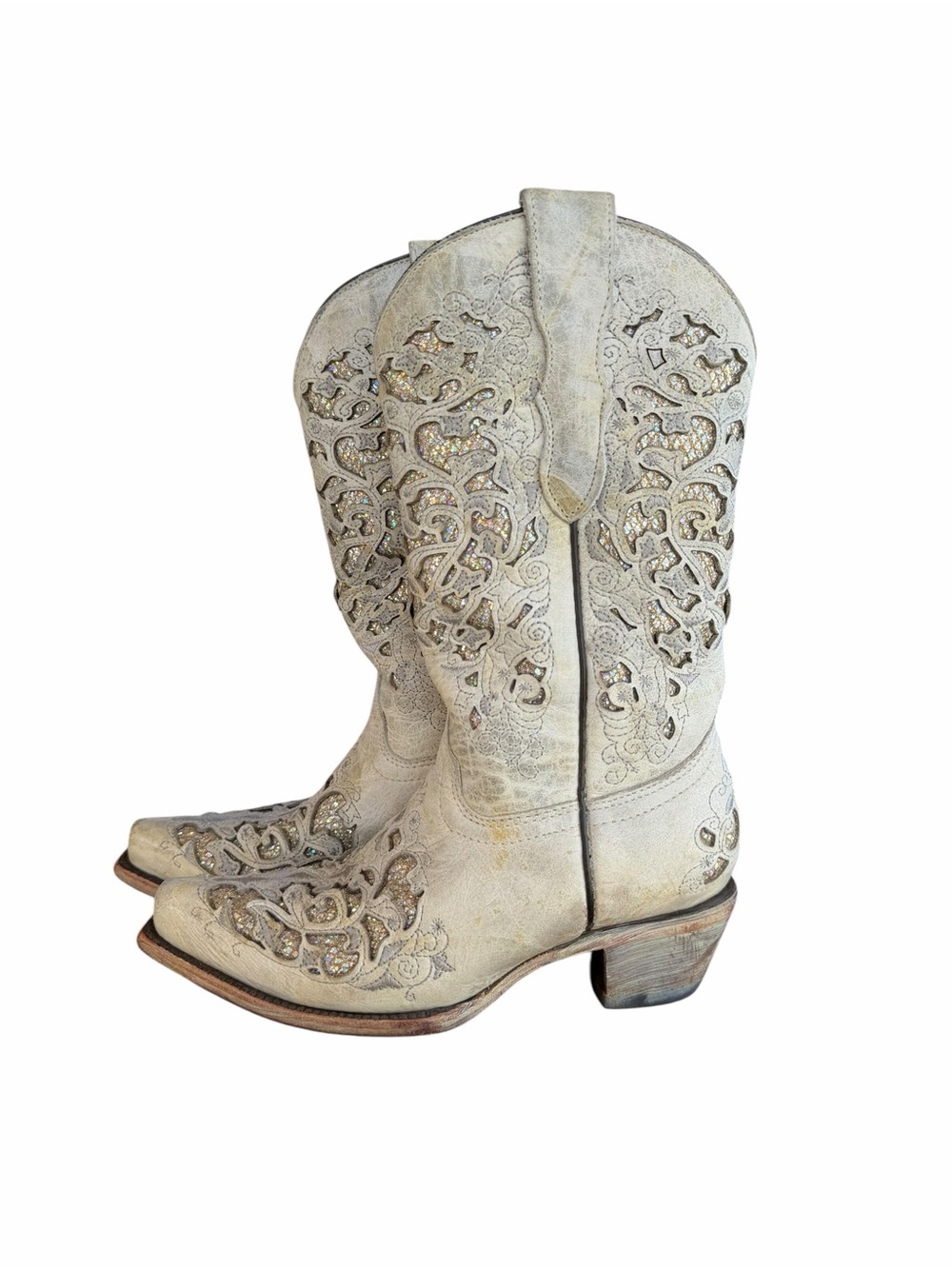 Corral Teens Off-White Glittered Inlay Snip Toe Cowboy Boots T0021 | Size 2